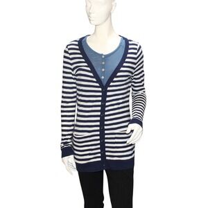 XXI Navy White Striped Button Front Cardigan Small